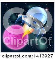 Poster, Art Print Of Flying Saucer Ufo In Outer Space Near A Pink Planet Or Moon