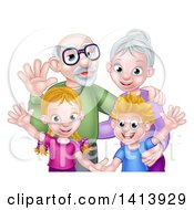 Poster, Art Print Of Happy Caucasian Grandparents And Grandchildren Waving