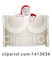 Poster, Art Print Of Cartoon Happy Christmas Santa Claus Pointing Down Over A Scroll Sign