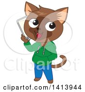 Poster, Art Print Of Happy Brown Cat Boy Wearing Clothes And Talking On A Smart Phone