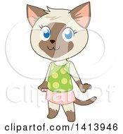 Clipart Of A Cute Siamese Kitty Cat Girl In A Skirt And Tank Top Royalty Free Vector Illustration