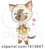 Clipart Of A Cute Siamese Kitty Cat Girl In A Skirt And Tank Top And Holding A Ball Of Yarn Royalty Free Vector Illustration