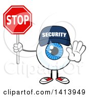 Cartoon Security Guard Eyeball Character Mascot Gesturing And Holding A Stop Sign