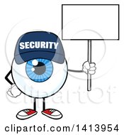 Cartoon Security Guard Eyeball Character Mascot Holding A Blank Sign