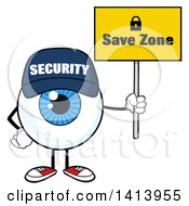 Cartoon Security Guard Eyeball Character Mascot Holding A Save Zone Sign