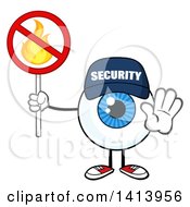 Cartoon Security Guard Eyeball Character Mascot Gesturing And Holding A No Fire Sign