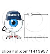 Cartoon Security Guard Eyeball Character Mascot Pointing To A Blank Sign