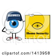 Cartoon Security Guard Eyeball Character Mascot Pointing To A Home Security Sign