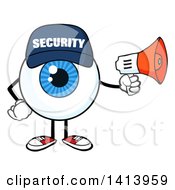 Cartoon Security Guard Eyeball Character Mascot Using A Megaphone