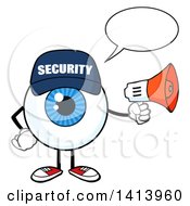 Cartoon Security Guard Eyeball Character Mascot Talking And Holding A Megaphone