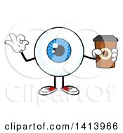 Poster, Art Print Of Cartoon Eyeball Character Mascot Gesturing Ok And Holding A Coffee
