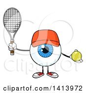Poster, Art Print Of Cartoon Eyeball Character Mascot Wearing A Hat And Holding A Tennis Ball And Racket