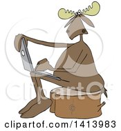 Clipart Of A Cartoon Moose Sitting On A Tree Stump And Using A Laptop Royalty Free Vector Illustration