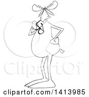 Clipart Of A Cartoon Black And White Moose Standing Upright And Chewing On Sunglasses Royalty Free Vector Illustration