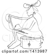 Poster, Art Print Of Cartoon Black And White Moose Sitting On A Tree Stump And Using A Laptop