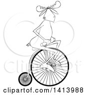Cartoon Black And White Moose Riding A Penny Farthing Bicycle