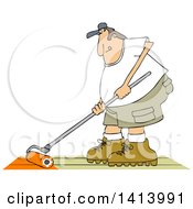 Cartoon Caucasian Man Using A Roller To Stain His Deck