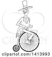 Cartoon Black And White Gentleman Riding A Penny Farthing Bicycle