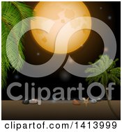 Poster, Art Print Of Full Moon Over A Tropical Beach With Shells A Starfish And Palm Trees