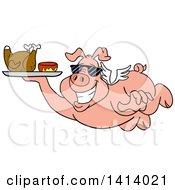 Cartoon Bbq Winged Pig Flying And Holding A Tray With Chicken And Sauce