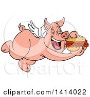Cartoon Bbq Winged Pig Flying And Eating A Pulled Pork Sandwich