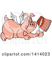 Poster, Art Print Of Cartoon Bbq Winged Angel Pig Flying And Holding Spare Ribs In Tongs
