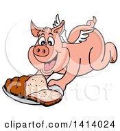 Cartoon Bbq Winged Pig Flying And Holding Out A Brisket
