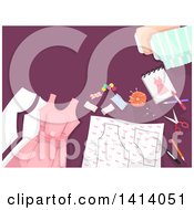 Clipart Of A Border Of Sewing Materials And A Dress On Purple Royalty Free Vector Illustration
