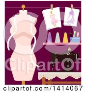 Poster, Art Print Of Mannequin And Sewing Machine With Fashion Design Materials