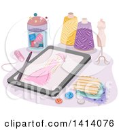 Poster, Art Print Of Sketch Of A Dress On A Tablet Computer Surrounded By Sewing Items