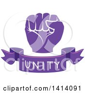 Clipart Of A Purple Fisted Hand With A Unity Text Banner Royalty Free Vector Illustration