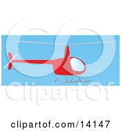 Poster, Art Print Of Red Helicopter Hovering In A Clear Blue Sky Aviation
