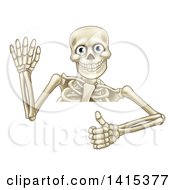 Poster, Art Print Of Cartoon Human Skeleton Waving And Holding A Thumb Up Over A Sign