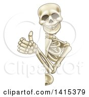 Poster, Art Print Of Cartoon Human Skeleton Giving A Thumb Up Around A Sign
