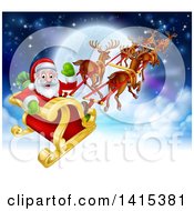 Poster, Art Print Of Team Of Magic Christmas Reindeer Flying Santa In A Sleigh Above The Clouds Against A Full Moon