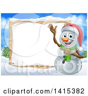 Poster, Art Print Of Happy Snowman Wearing A Christmas Santa Hat And Pointing To A Blank Sign In A Winter Landscape