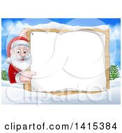 Poster, Art Print Of Cartoon Happy Christmas Santa Claus Pointing Around A Sign In A Winter Landscape