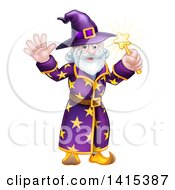 Poster, Art Print Of Happy Old Bearded Wizard Waving And Holding Up A Magic Wand