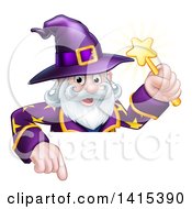 Poster, Art Print Of Happy Old Bearded Wizard Holding A Magic Wand And Pointing Down Over A Sign