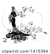 Poster, Art Print Of Silhouetted Black And White Bride In Her Dress Holding A Bouquet With Floral Swirls