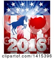 Poster, Art Print Of Silhouetted Political Democratic Donkey Or Horse And Republican Elephant Fighting Over An American Design And Burst