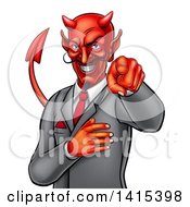 Clipart Of A Corrupt Devil Businessman Pointing Outwards From The Waist Up Royalty Free Vector Illustration