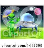 Poster, Art Print Of Green Alien Waving By A Ufo On A Green Planet Or Moon