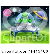 Poster, Art Print Of Green Alien Landing A Ufo On A Green Planet Or Moon