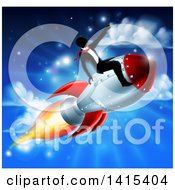 Poster, Art Print Of Silhouetted Businessman Sitting On A 3d Rocket And Pointing Forward Over A Blue Sky