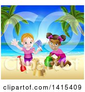 Happy White And Black Girls Playing And Making Sand Castles On A Tropical Beach