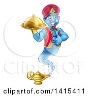 Poster, Art Print Of Cartoon Blue Strong Blue Aladdin Genie Floating Over A Lamp With A Cloche In Hand Giving A Thumb Up