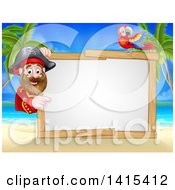 Poster, Art Print Of Hook Handed Pirate Captain With A Parrot Around A Blank Sign On A Tropical Beach