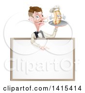 Poster, Art Print Of White Male Waiter With A Curling Mustache Holding A Hot Dog On A Platter Over A Blank Menu Sign