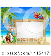 Poster, Art Print Of Happy Rudolph Red Nosed Reindeer Making A Sand Castle On A Tropical Beach By A Blank Sign With A Parrot